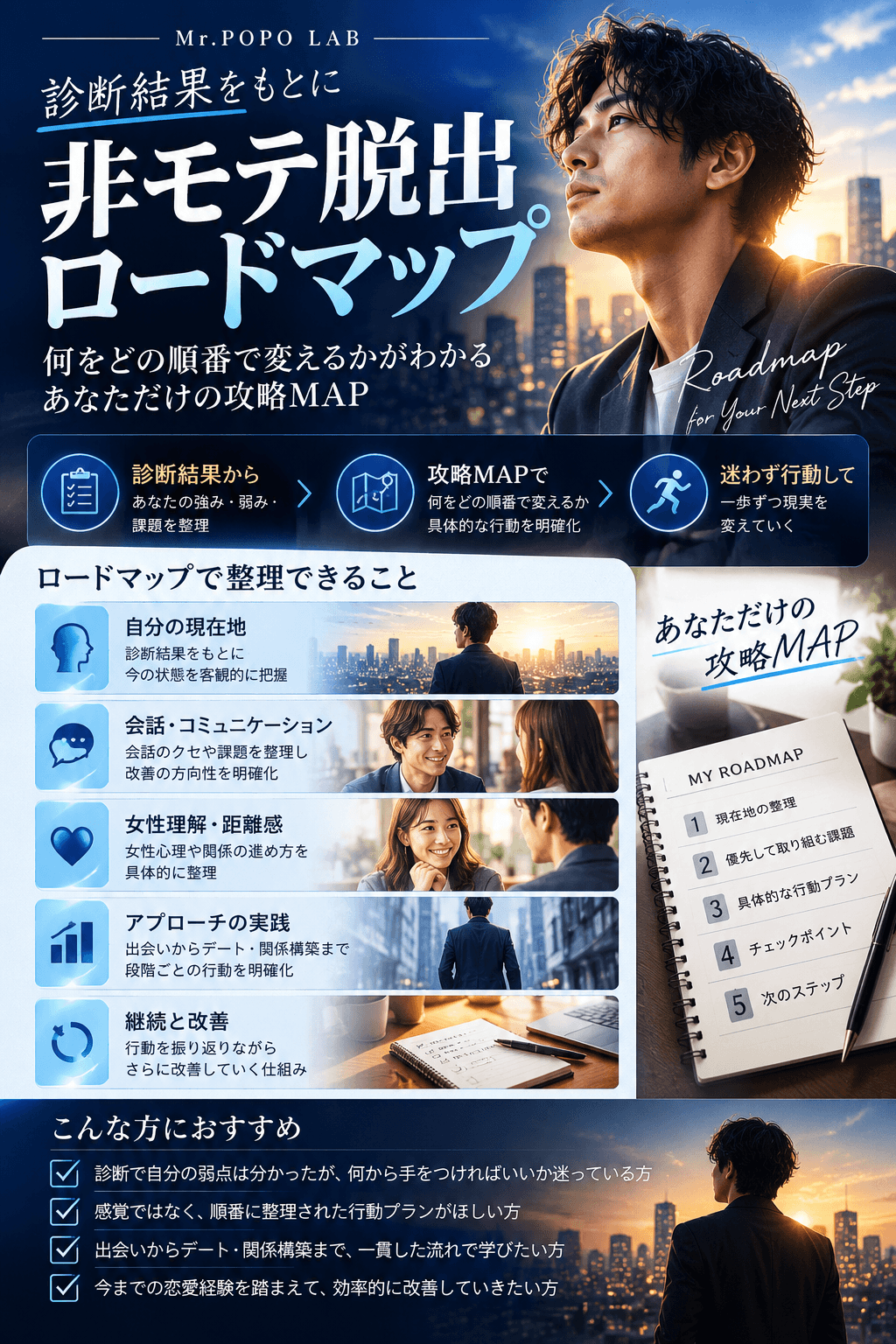 非モテ脱出ロードマップの紹介。何をどの順番で進めるかをステップで示す。
