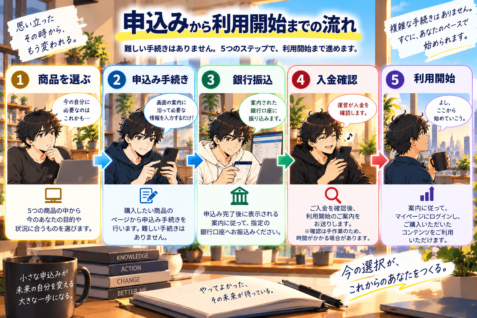 申込みから利用開始までの流れ。1 商品を選ぶ、2 申込み手続き、3 銀行振込、4 入金確認、5 利用開始。