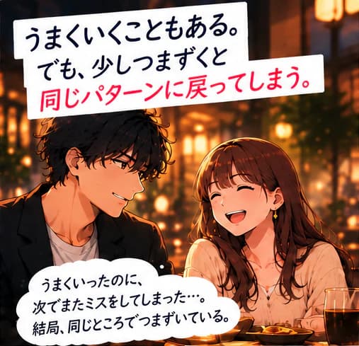 「うまくいくこともある。でも、少しつまずくと同じパターンに戻ってしまう。」夜のレストランで女性と笑顔で話す男性。「うまくいったのに、次でまたミスをしてしまった…。結局、同じところでつまずいている。」