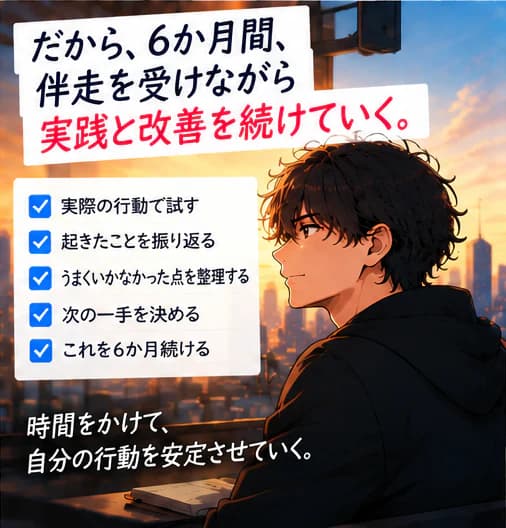「だから、6か月間、伴走を受けながら実践と改善を続けていく。」夕暮れの街を見つめる男性とチェックリスト:実際の行動で試す、起きたことを振り返る、うまくいかなかった点を整理する、次の一手を決める、これを6か月続ける。「時間をかけて、自分の行動を安定させていく。」