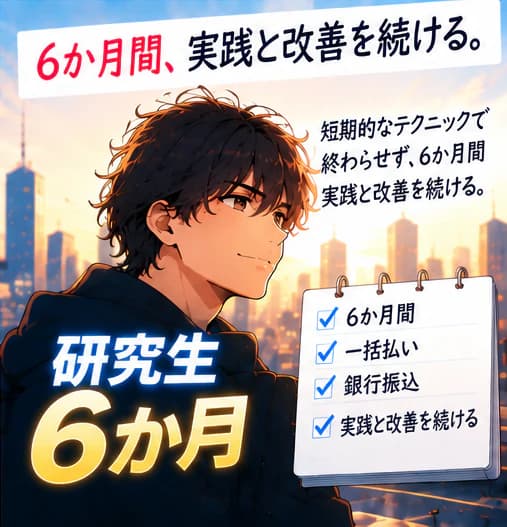 「6か月間、実践と改善を続ける。」朝の街を背に前を向く男性。「短期的なテクニックで終わらせず、6か月間実践と改善を続ける。」研究生 6か月。メモ:6か月間、一括払い、銀行振込、実践と改善を続ける。