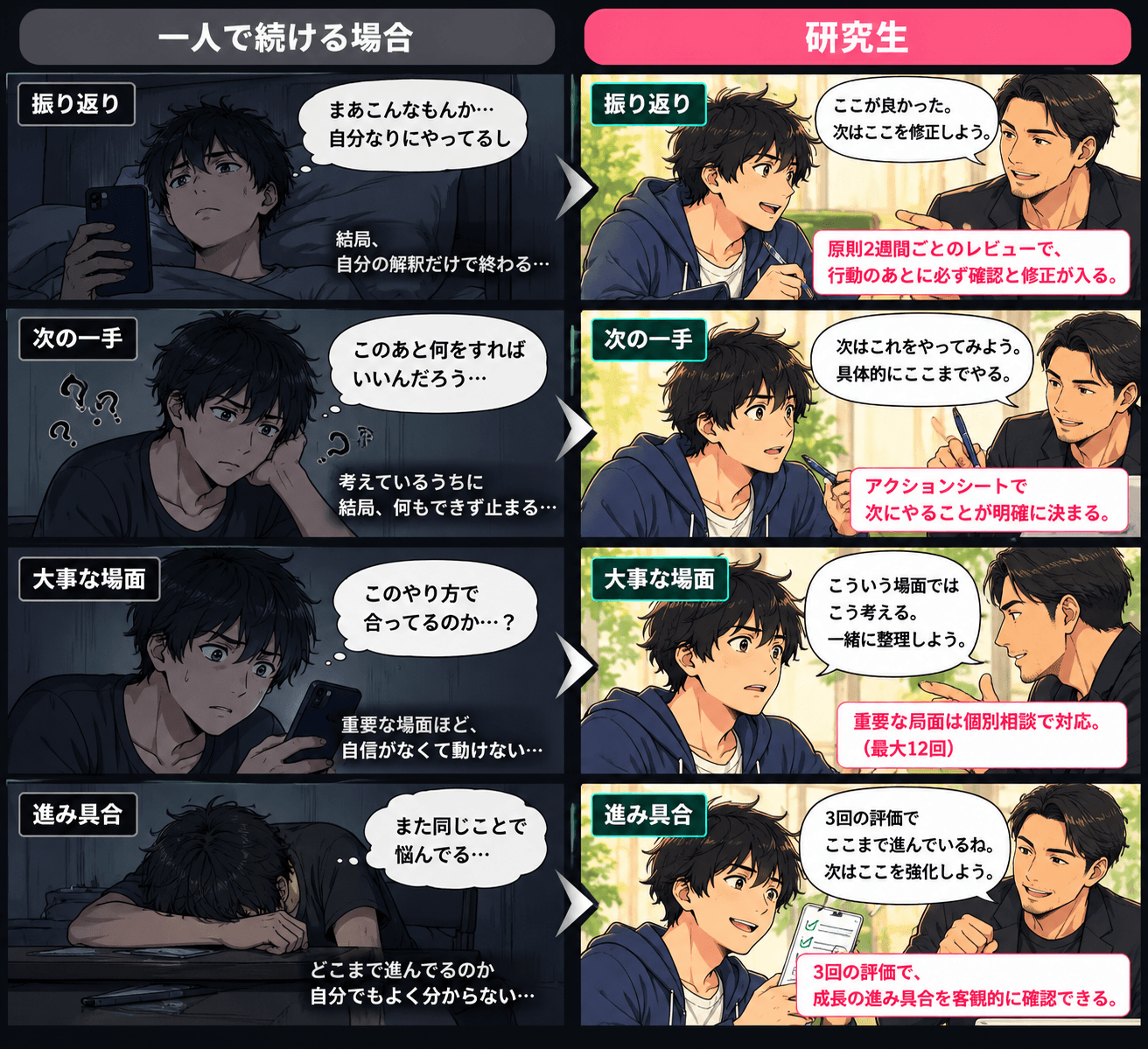 一人で続ける場合と研究生の比較。振り返り:自分の解釈だけで終わる/原則2週間ごとのレビューで確認と修正が入る。次の一手:何もできず止まる/アクションシートで次にやることが決まる。大事な場面:自信がなくて動けない/重要な局面は個別相談(最大12回)。進み具合:自分でも分からない/3回の評価で確認できる。