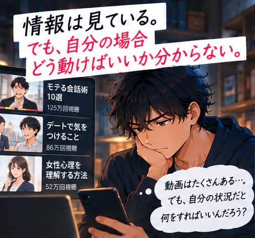 「情報は見ている。でも、自分の場合どう動けばいいか分からない。」恋愛の動画一覧を見ながら悩む男性。「動画はたくさんある…。でも、自分の状況だと何をすればいいんだろう?」