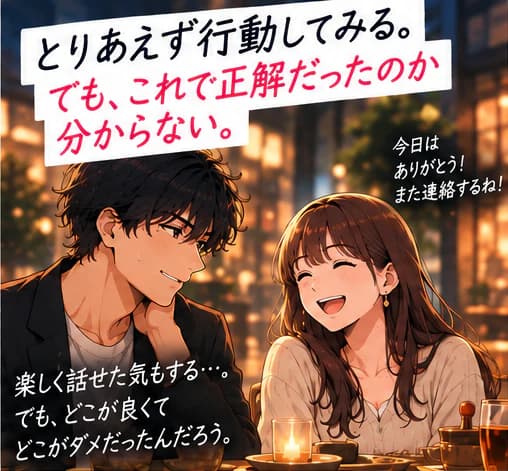 「とりあえず行動してみる。でも、これで正解だったのか分からない。」レストランで女性と話す男性。女性「今日はありがとう!また連絡するね!」男性「楽しく話せた気もする…。でも、どこが良くてどこがダメだったんだろう。」
