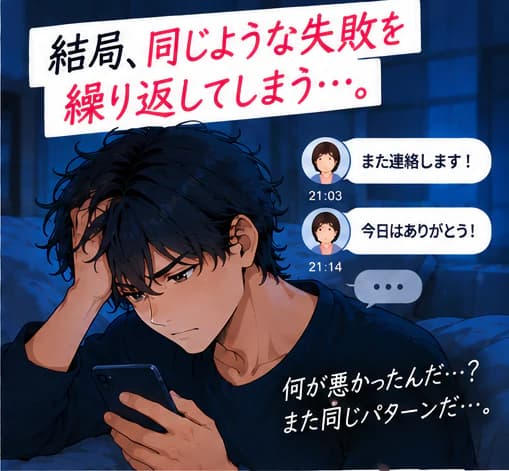 「結局、同じような失敗を繰り返してしまう…。」スマホを見て頭を抱える男性。「また連絡します!」「今日はありがとう!」のメッセージのあと返事がない。「何が悪かったんだ…?また同じパターンだ…。」