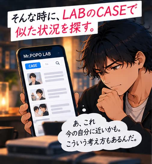 「そんな時に、LABのCASEで似た状況を探す。」スマホでMr.POPO LABのCASEを見る男性。「あ、これ今の自分に近いかも。こういう考え方もあるんだ。」