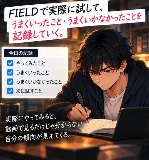 「FIELDで実際に試して、うまくいったこと・うまくいかなかったことを記録していく。」今日の記録(やってみたこと・うまくいったこと・うまくいかなかったこと・次に試すこと)を書く男性。「実際にやってみると、動画で見るだけじゃ分からない自分の傾向が見えてくる。」