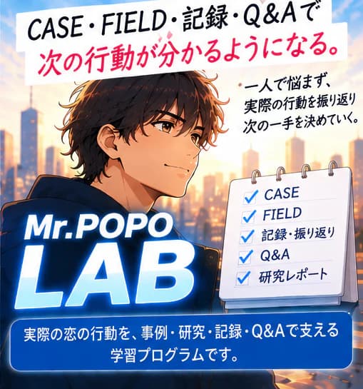 「CASE・FIELD・記録・Q&Aで次の行動が分かるようになる。」朝の街を見つめる男性。「一人で悩まず、実際の行動を振り返り次の一手を決めていく。」チェックリスト:CASE、FIELD、記録・振り返り、Q&A、研究レポート。Mr.POPO LAB「実際の恋の行動を、事例・研究・記録・Q&Aで支える学習プログラムです。」