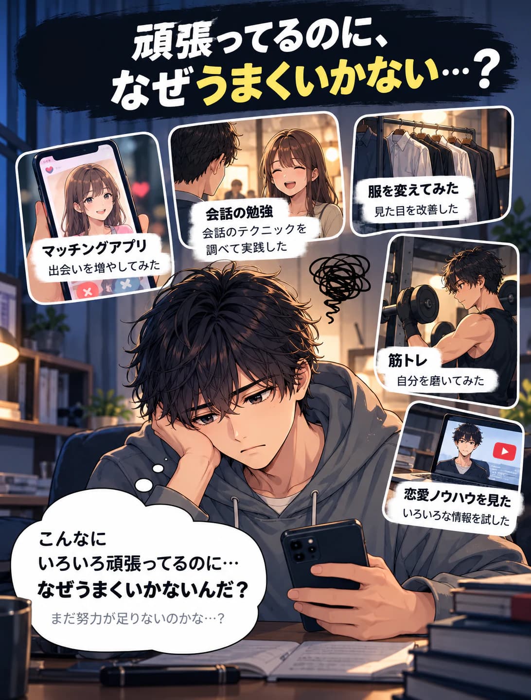 ①「頑張ってるのに、なぜうまくいかない…?」マッチングアプリ、会話の勉強、服、筋トレ、恋愛ノウハウを試してきた男性が、スマホを手に「こんなにいろいろ頑張ってるのに…なぜうまくいかないんだ?まだ努力が足りないのかな…?」と悩んでいる。