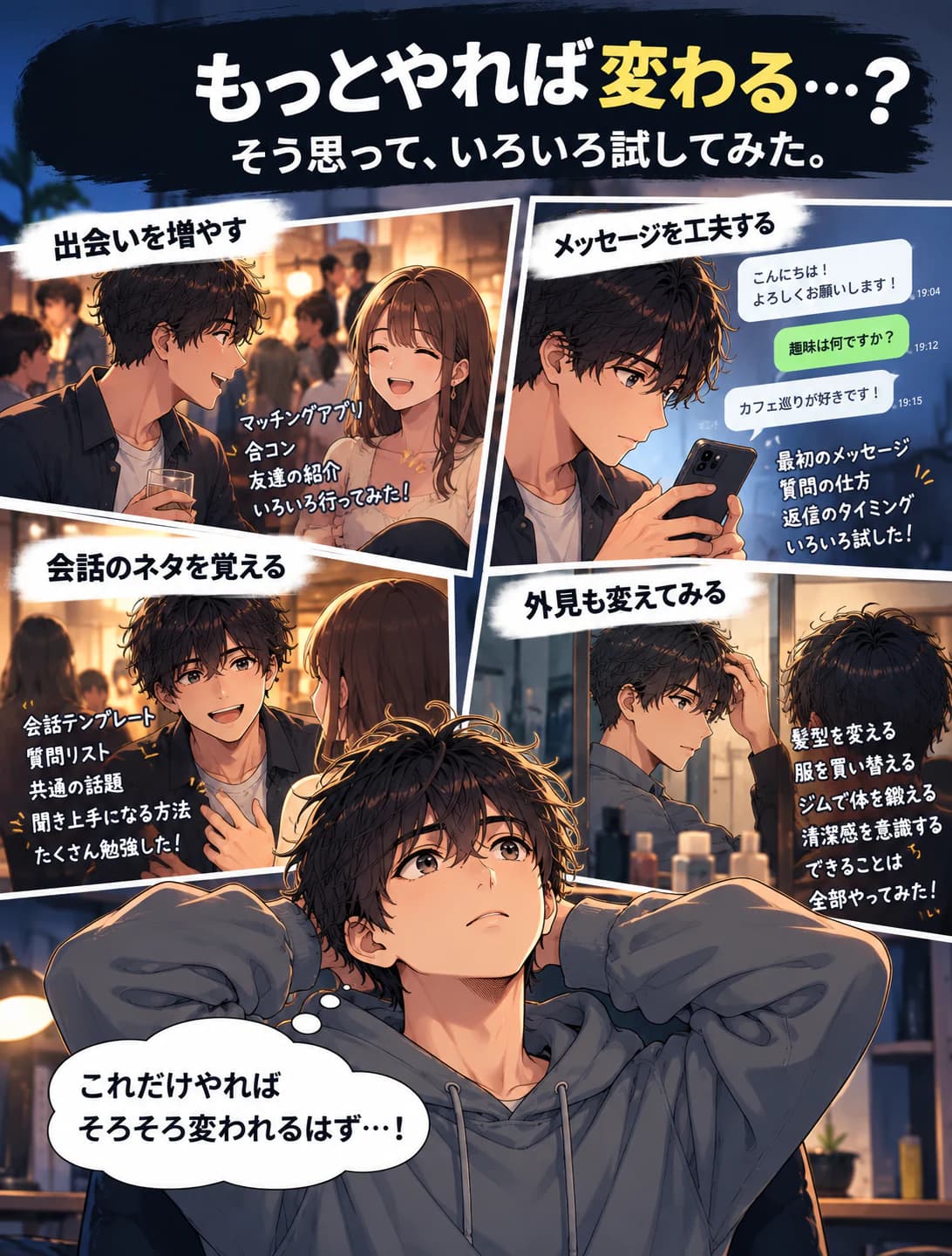 ②「もっとやれば変わる…?そう思って、いろいろ試してみた。」出会いを増やす、メッセージを工夫する、会話のネタを覚える、外見も変えてみる、の4つの場面。男性は「これだけやればそろそろ変われるはず…!」と考えている。