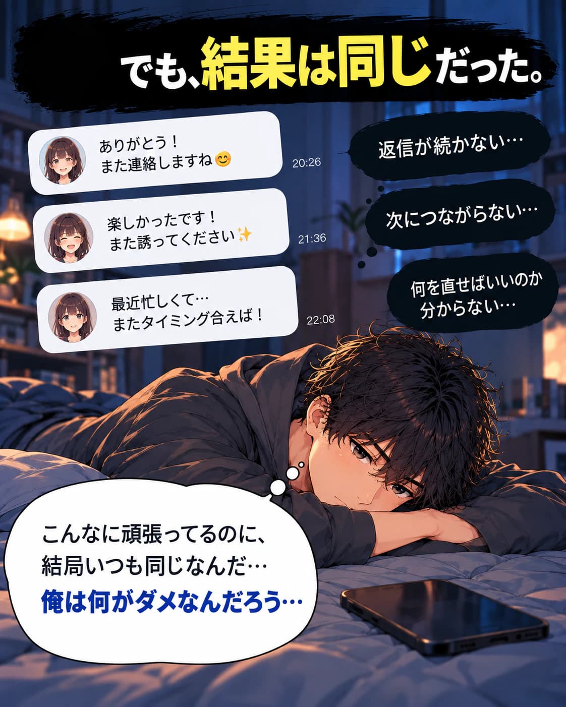 ③「でも、結果は同じだった。」相手からの返信は「また連絡しますね」「最近忙しくて…」と先につながらず、男性はベッドに伏せて「こんなに頑張ってるのに、結局いつも同じなんだ…俺は何がダメなんだろう…」と落ち込んでいる。