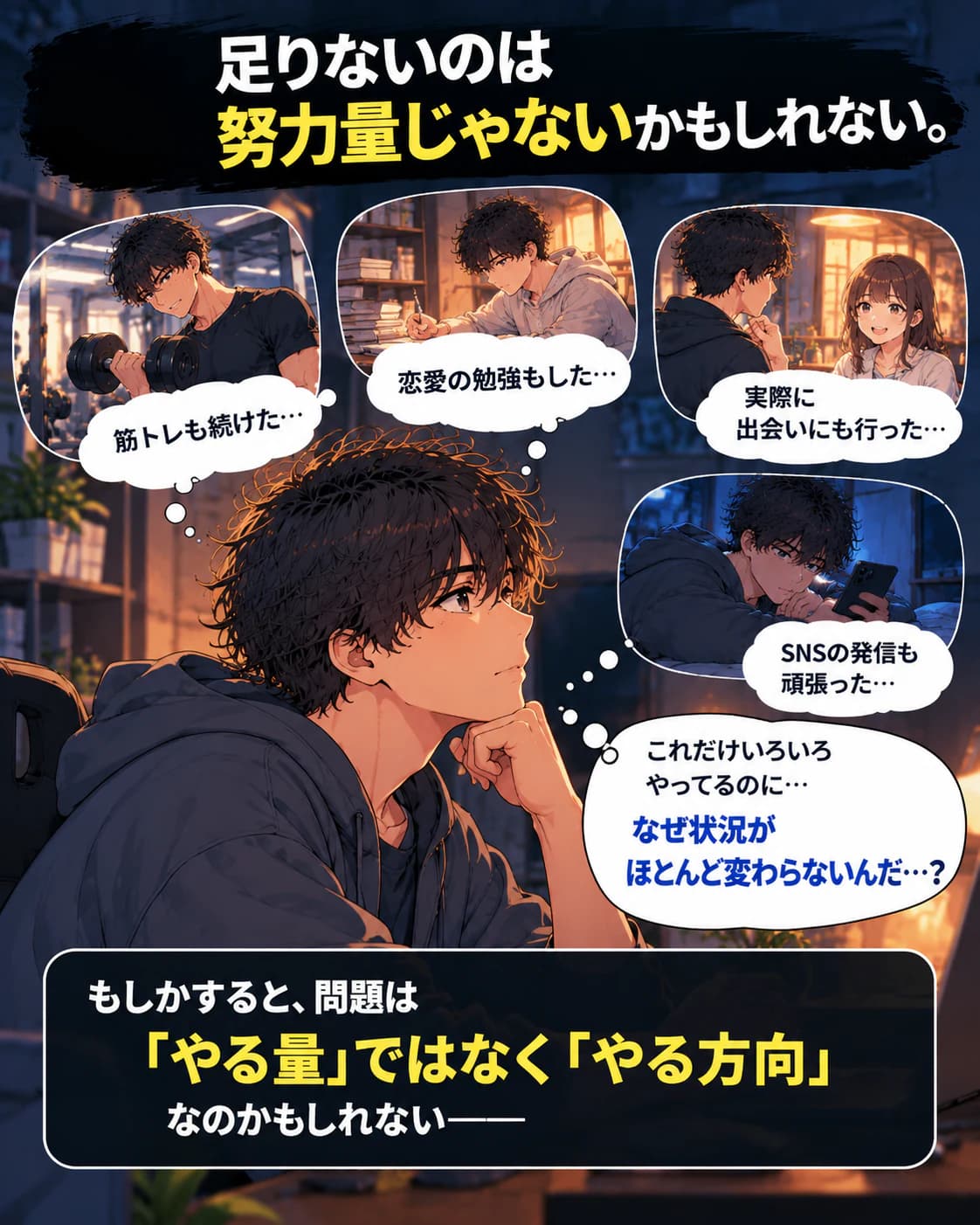 ④「足りないのは努力量じゃないかもしれない。」筋トレ、恋愛の勉強、出会い、SNSの発信を振り返る男性。「もしかすると、問題は『やる量』ではなく『やる方向』なのかもしれない」。