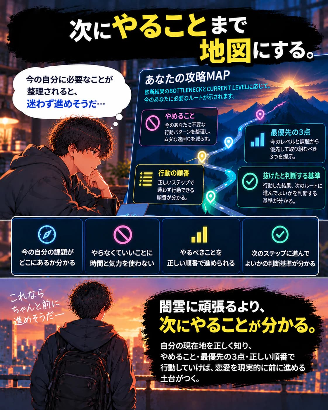 ⑥「次にやることまで地図にする。」BOTTLENECKとCURRENT LEVELに応じた「あなたの攻略MAP」の画面。やめること、最優先の3点、行動の順番、抜けたと判断する基準が示されている。男性は「今の自分に必要なことが整理されると、迷わず進めそうだ」と考える。「闇雲に頑張るより、次にやることが分かる。」