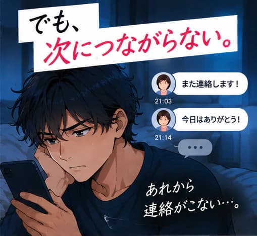 「でも、次につながらない。」夜、スマホを見つめる男性。画面には「また連絡します!」「今日はありがとう!」のメッセージ。「あれから連絡がこない…。」