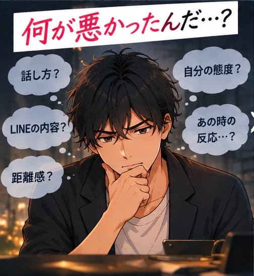 「何が悪かったんだ…?」考え込む男性の周りに「話し方?」「自分の態度?」「LINEの内容?」「あの時の反応…?」「距離感?」という疑問が浮かぶ。