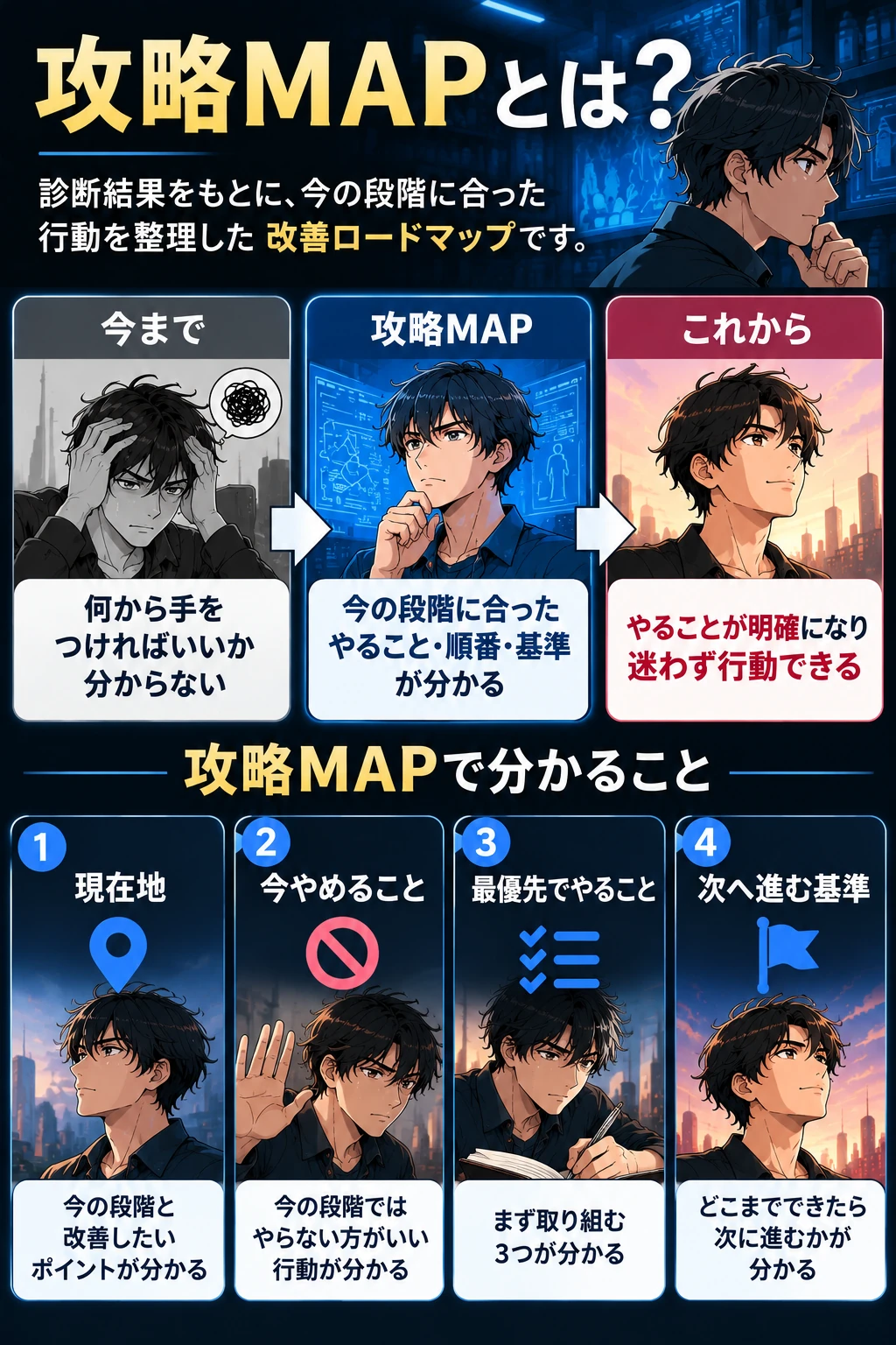 攻略MAPとは？ 診断結果をもとに、今の段階に合った行動を整理した改善ロードマップです。今まで：何から手をつければいいか分からない。→ 攻略MAP：今の段階に合ったやること・順番・基準が分かる。→ これから：やることが明確になり、迷わず行動できる。攻略MAPで分かること：1 現在地（今の段階と改善したいポイントが分かる）、2 今やめること（今の段階ではやらない方がいい行動が分かる）、3 最優先でやること（まず取り組む3つが分かる）、4 次へ進む基準（どこまでできたら次に進むかが分かる）。